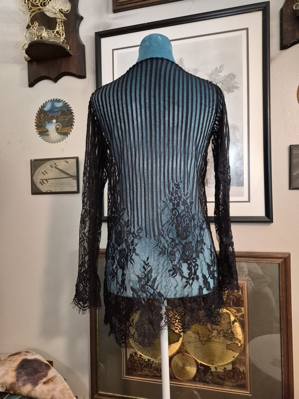 [SOLD]Black Floral Lace Sheer Open Front Cardigan Jacket - Picture 4 of 7